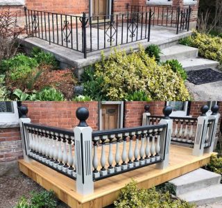 A before-and-after photo, showing our newel post and spindles. Wow. What a difference!